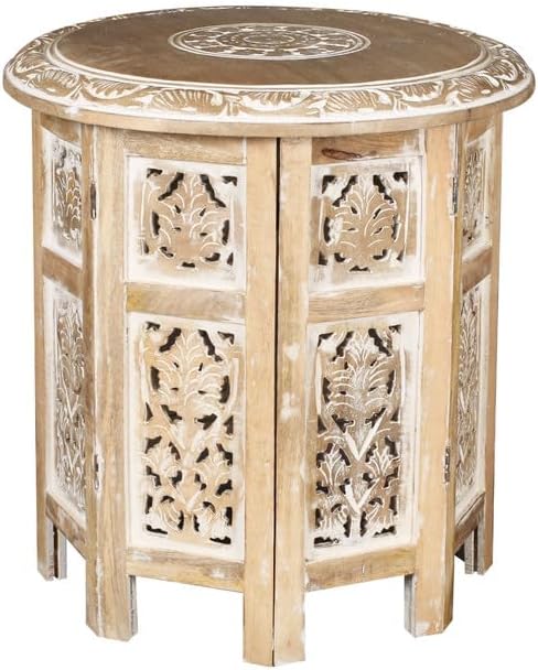 Carved Round End Table with Single Pillar, Unique Accent Piece for Living Room