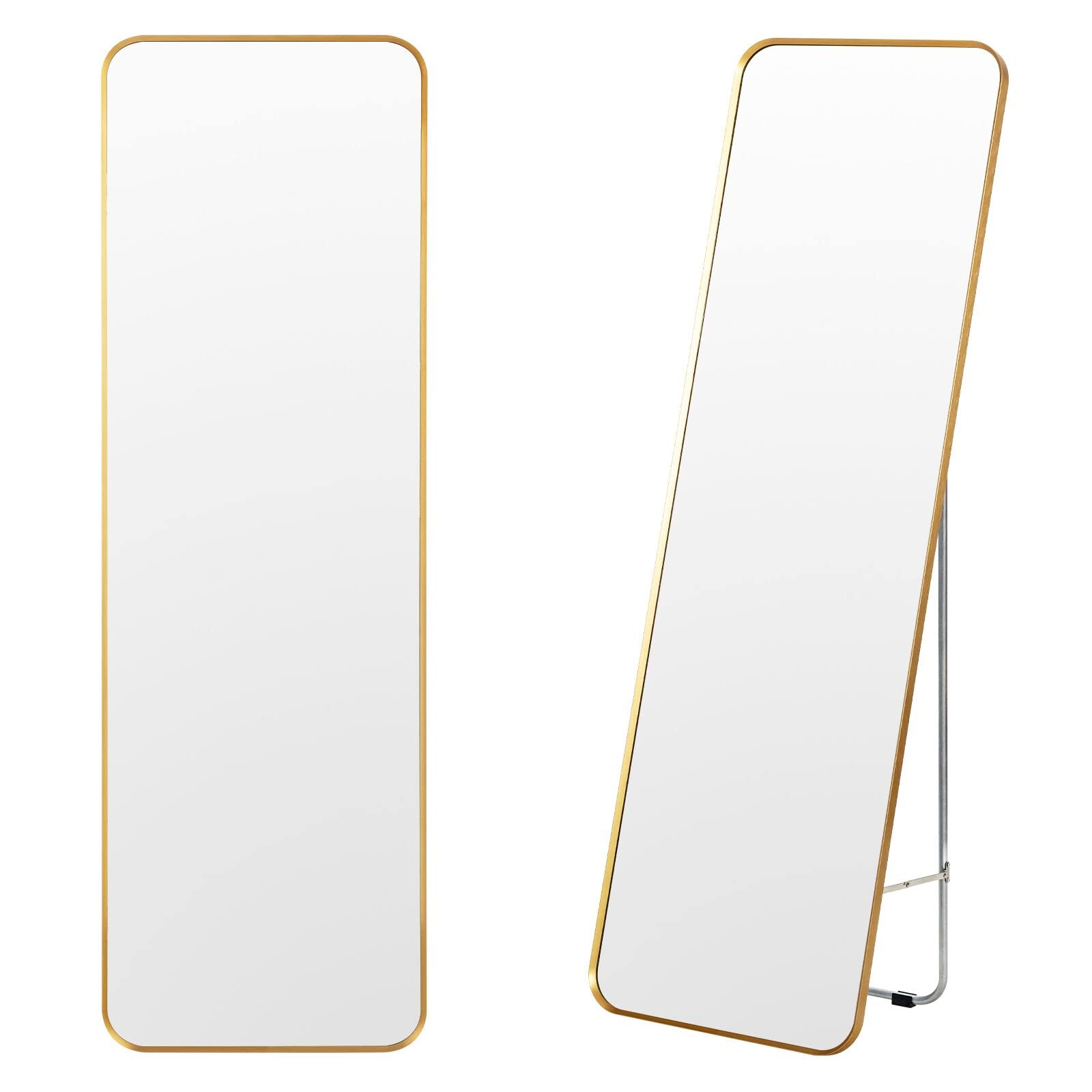 Full Length Wall Mounted Mirror w/Stand, Gold Steel Frame Floor Mirror with Explosion