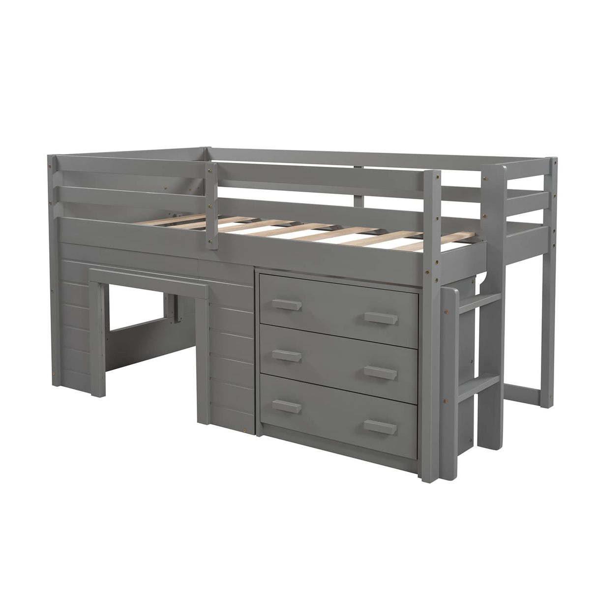 Low Loft Beds with 3 Drawers Twin Loft Bed Frame with Cabinet and Bedside Tray Wood Farmhouse Loft Bed for Kids Girls Boys Teens, Gray