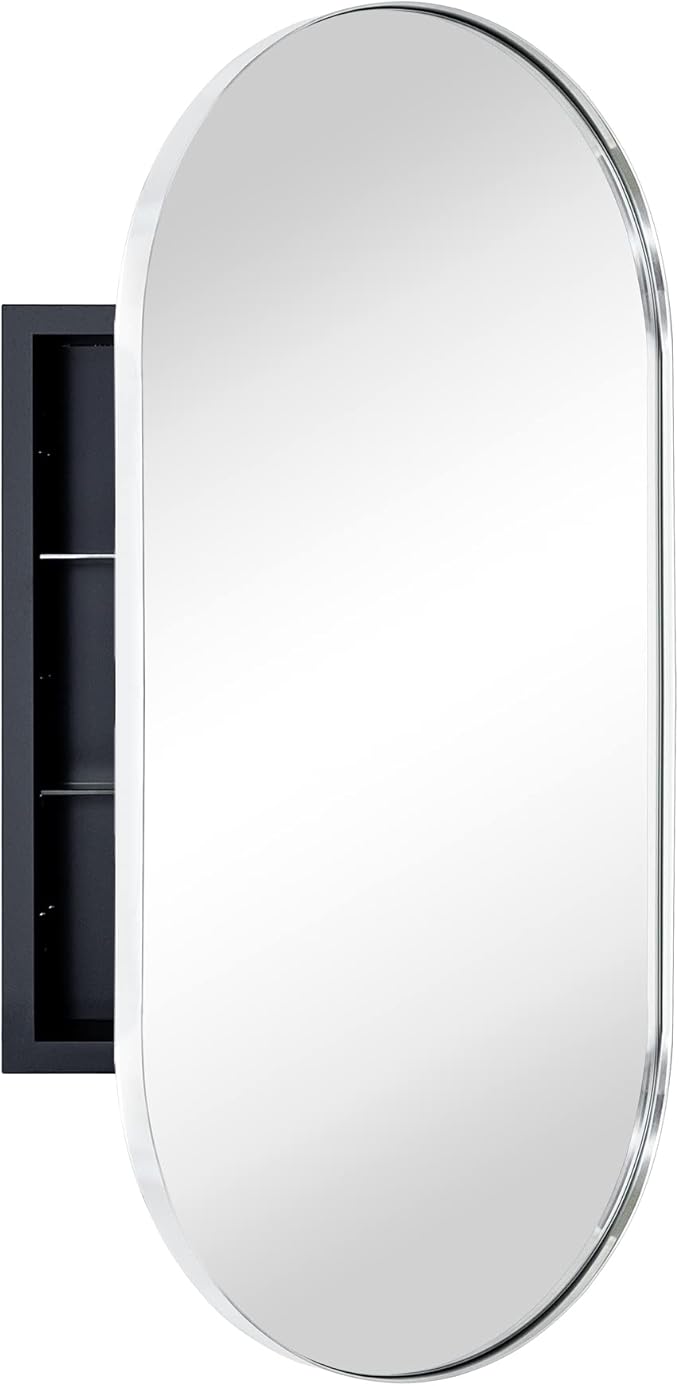 Matte Black Oval Recessed Bathroom Medicine Cabinet
