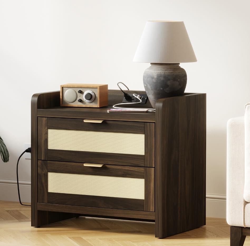 Night Stand Set of 2 - Rattan Nightstands with Built-in Charging Port, 2 Woven Drawers