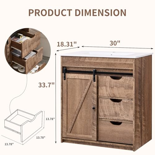 Aitjunz 30" Farmhouse Bathroom Vanity with Sink, Freestanding Modern Bathroom Storage Vanity Cabinet w/Sliding Barn Door, 3 Drawers & Adjustable Shelves, Light Brown