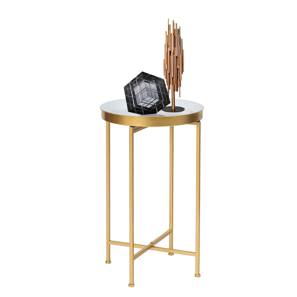 Modern Round Side End Accent Table 25.7 inch Tall for Living Room (Gold, White Tray)
