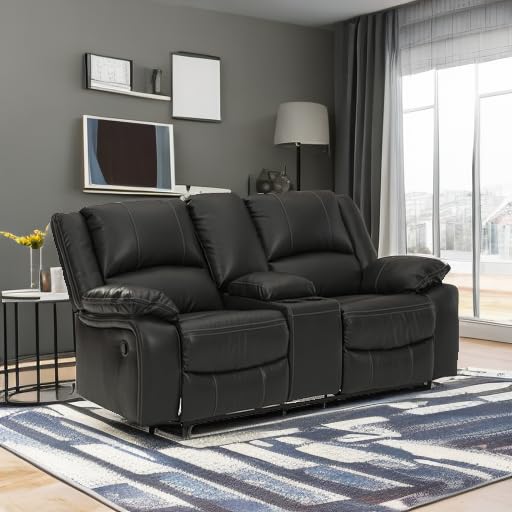 Calderwell Faux Leather Manual Double Reclining Loveseat with Storage Console, Black