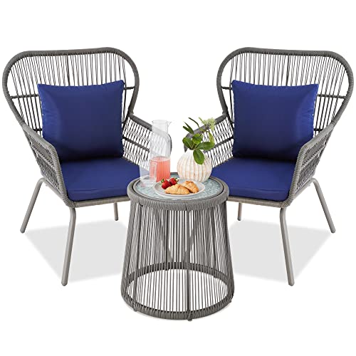 3-Piece Outdoor Wicker Bistro Set with Cushions & Glass Table - All-Weather Patio Furniture
