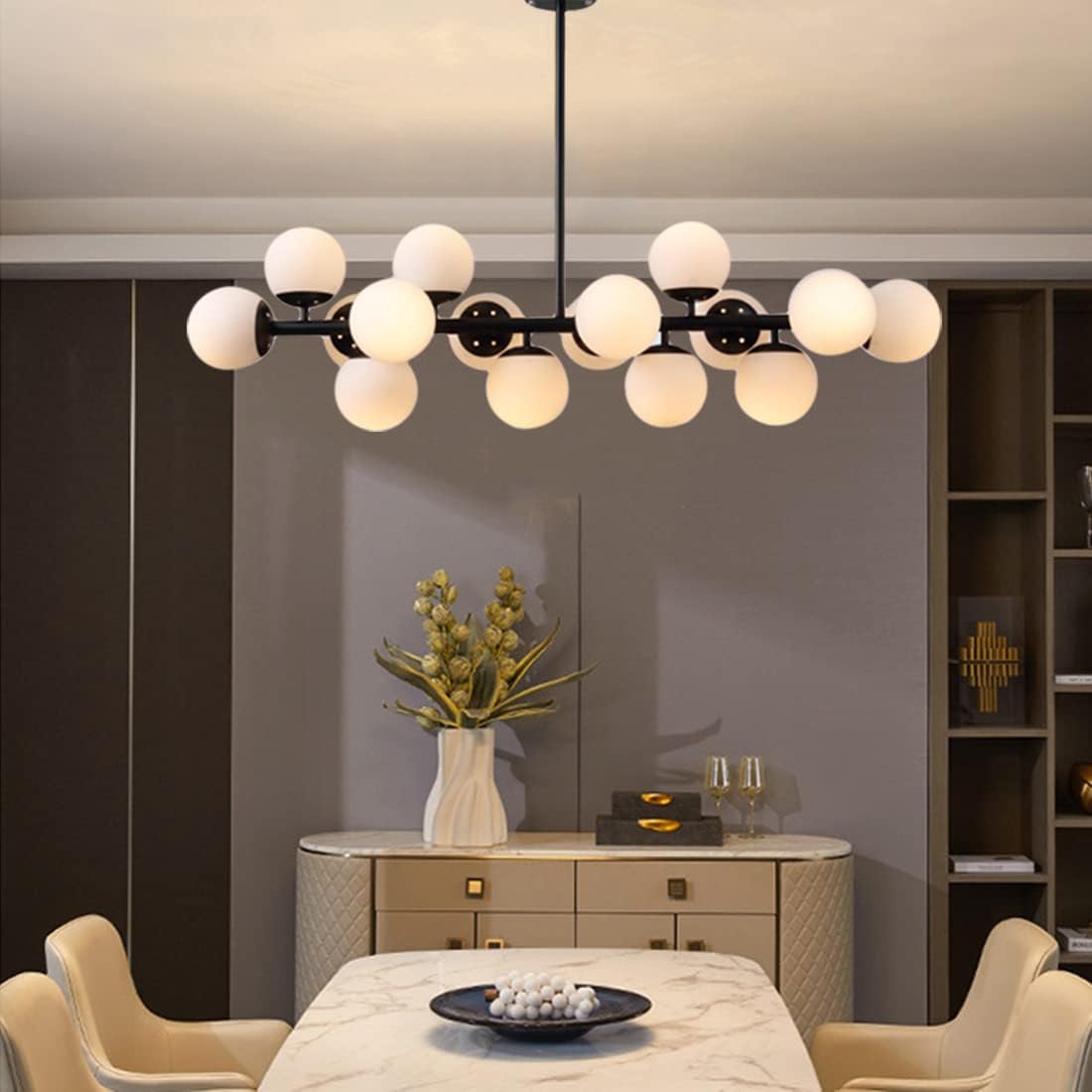 Glass Chandelier Lighting 16-Light Black Linear Island Pendant Light