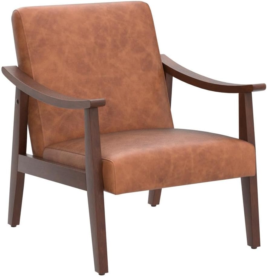PU Leather Accent Chair, Mid-Century Modern Armchair with Solid Wood Legs