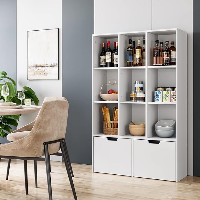 9 Cube Storage Organizer with Drawers, White Tall Bookshelf with Storage