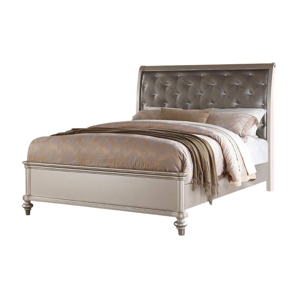Benjara Opulent Wooden Bed With Pu Tufted Hb, Silver/Gray