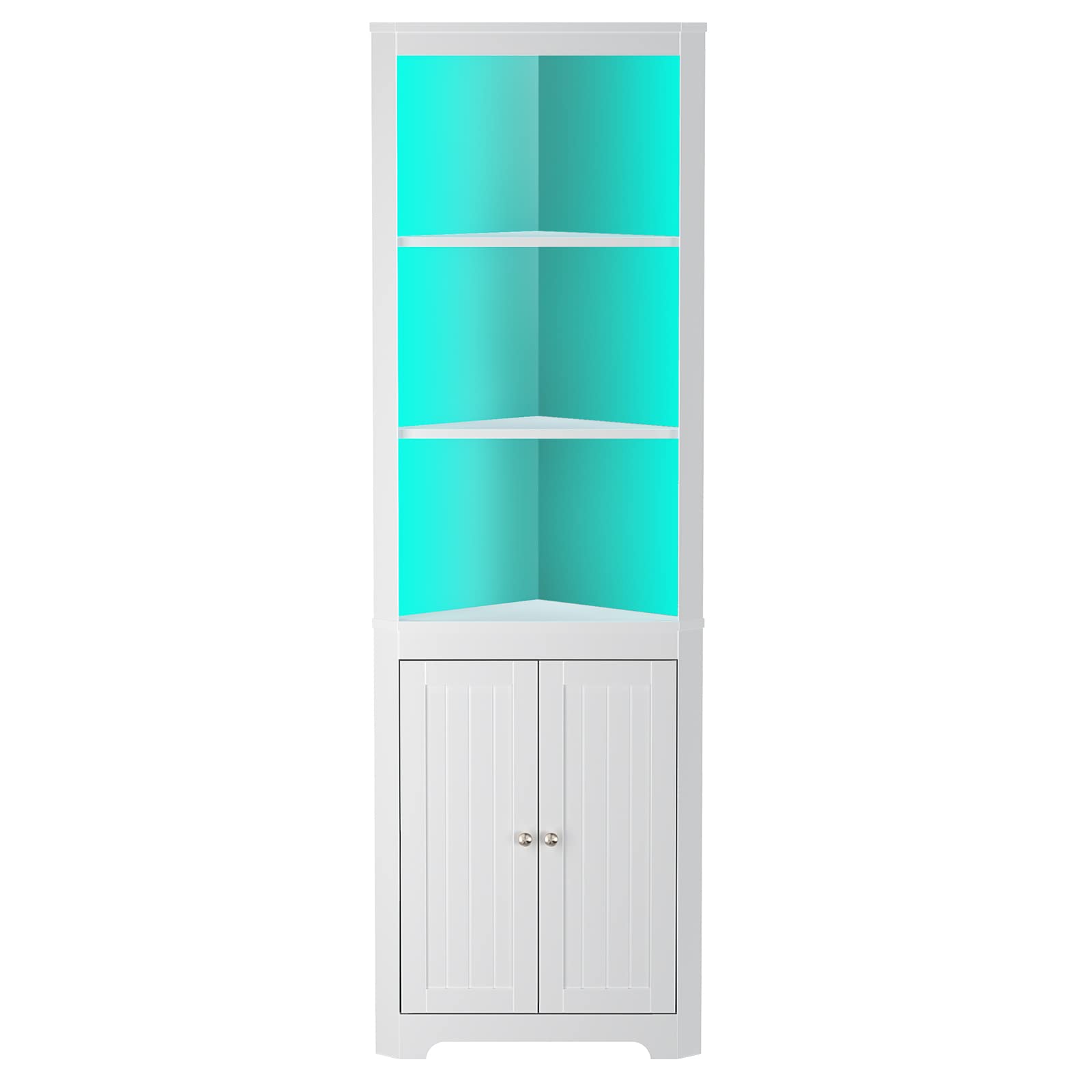 Corner Shelf with LED Light, White Corner Cabinet, 5-Tier Storage Cabinet with Doors
