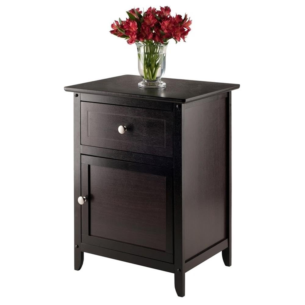 Modern 1 Drawer Wooden End Table Nightstand with Cabinet in Espresso