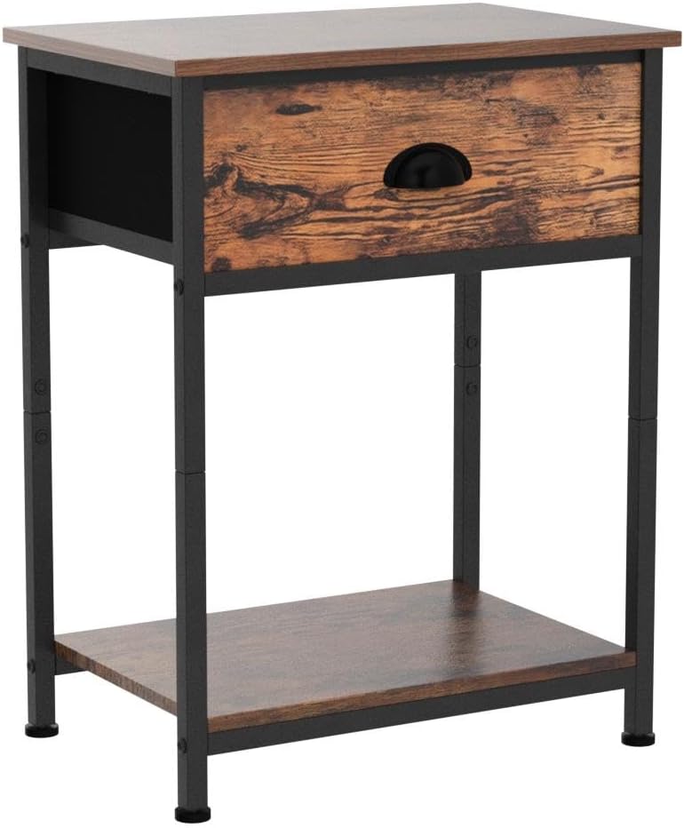 Nightstands Set of 2, Industrial End Table with Fabric Drawer and Storage Shelf