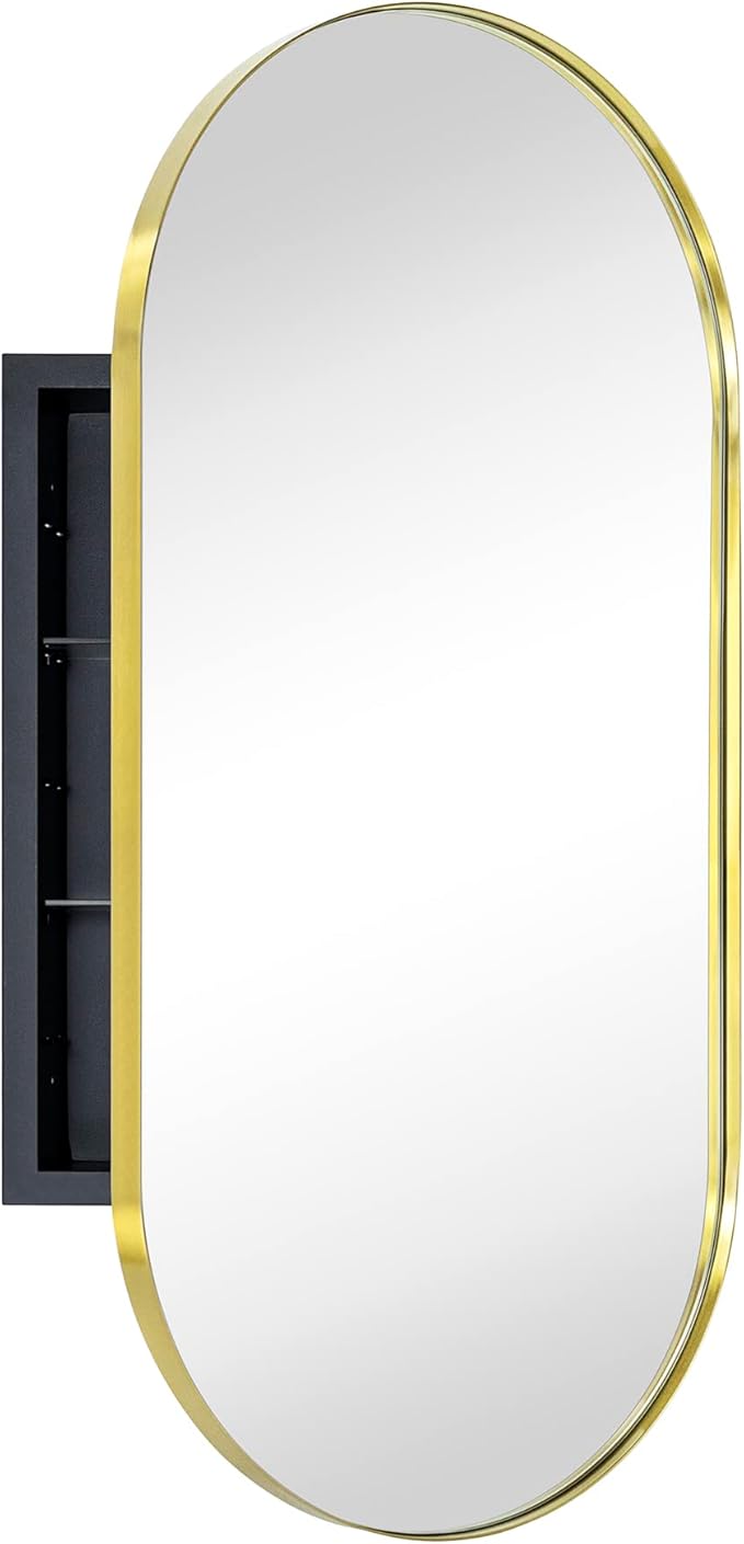 Matte Black Oval Recessed Bathroom Medicine Cabinet
