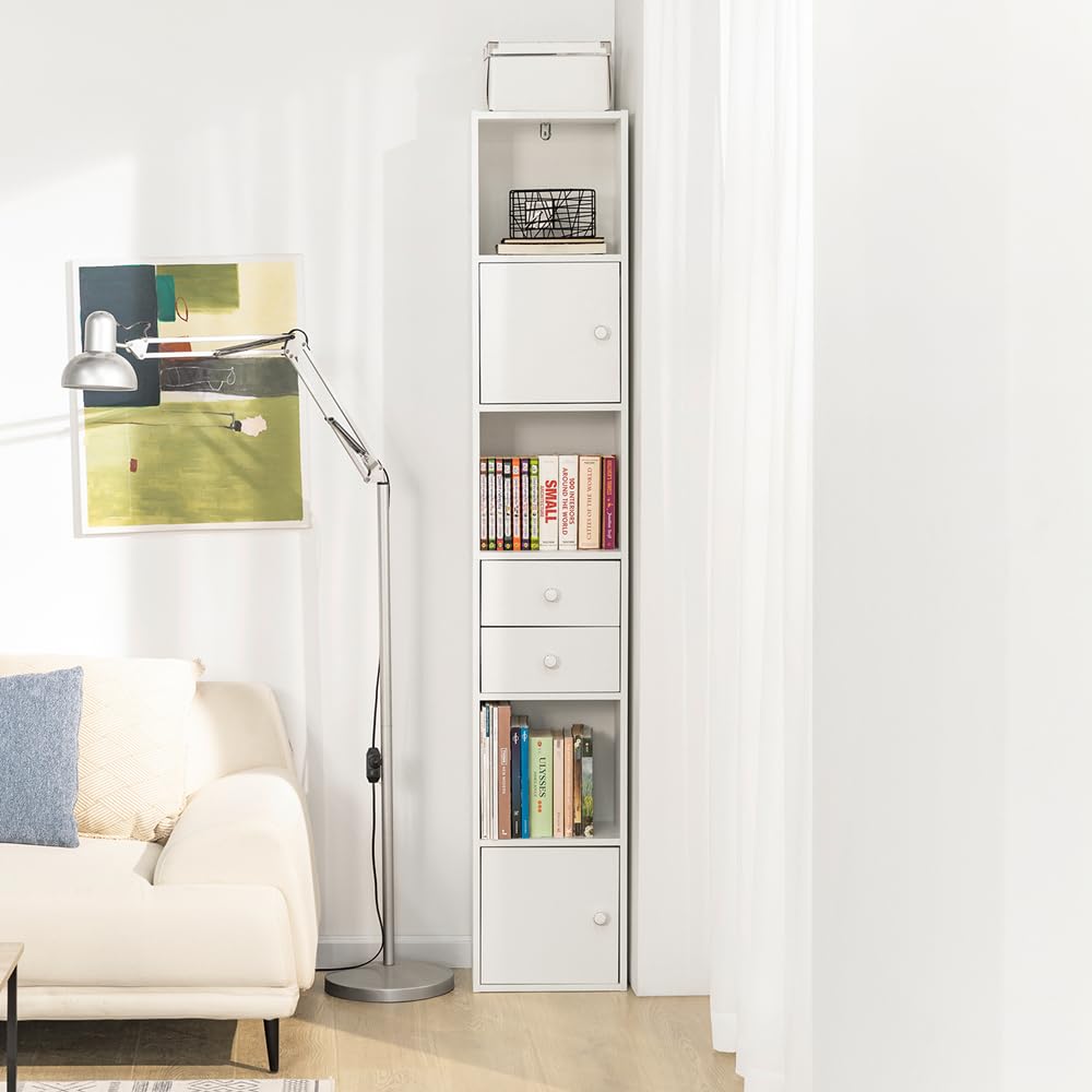 Bathroom Tall Slim Cabinet with 2 Drawers & 2 Doors, Bathroom Shelf