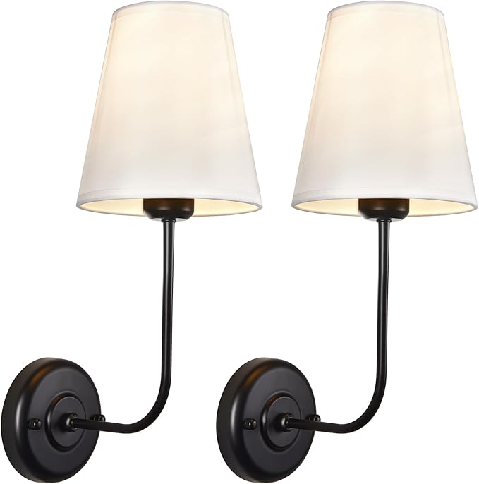 Hardwired Wall Sconce with Flared Shape White Textile Shade Curved Arm and Antique Brass Finish Metal Base