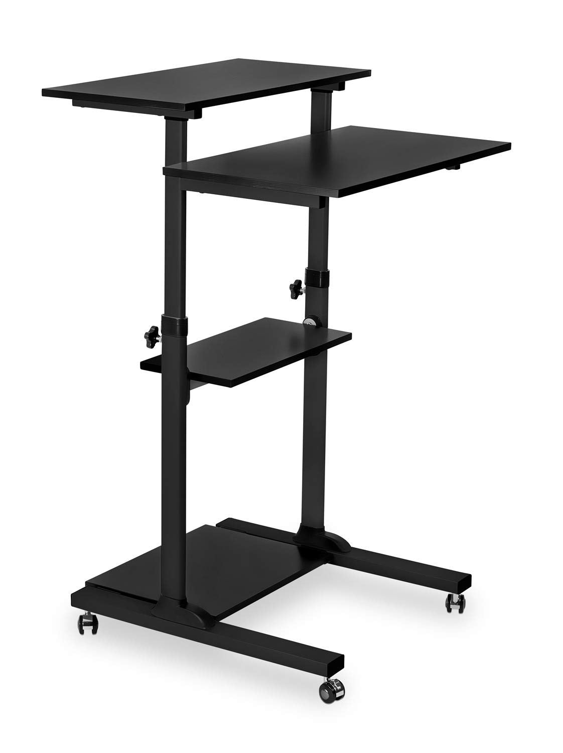 Mobile Standing Desk Cart, Height Adjustable Rolling Stand Up Desk, Computer Workstation for Office, School, Teachers, 27.5" Wide Podium Platform, Locking Wheels in Black Rises 37" to 54"