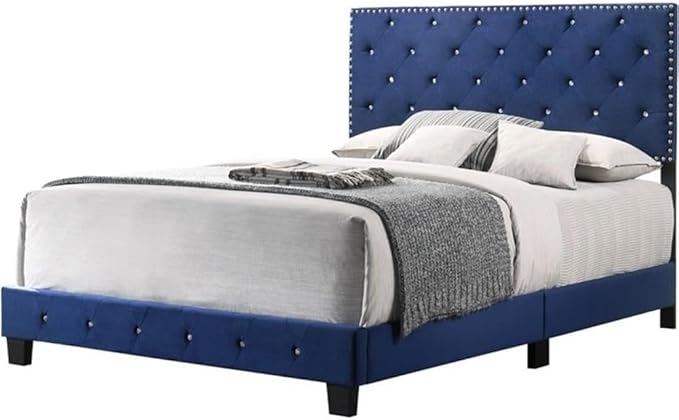 Suffolk Velvet Upholstered Queen Bed in Navy Blue