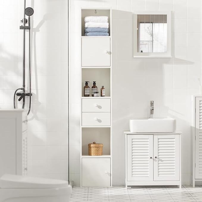 Bathroom Tall Slim Cabinet with 2 Drawers & 2 Doors, Bathroom Shelf