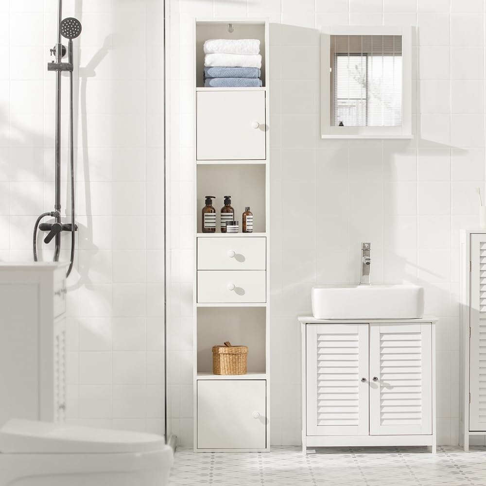 Bathroom Tall Slim Cabinet with 2 Drawers & 2 Doors, Bathroom Shelf