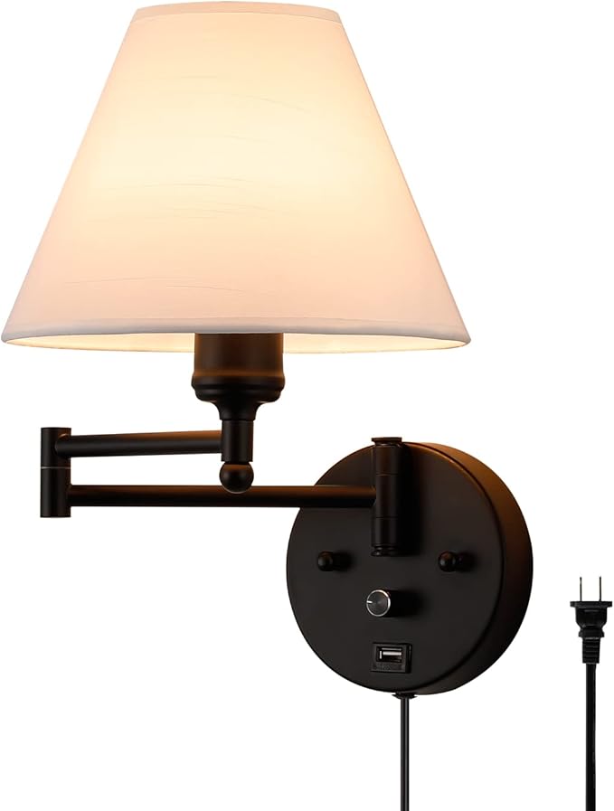 Swing Arm Wall Sconces, Plug-in Wall lamp,Bedroom Wall lamp , White Fabric Shade