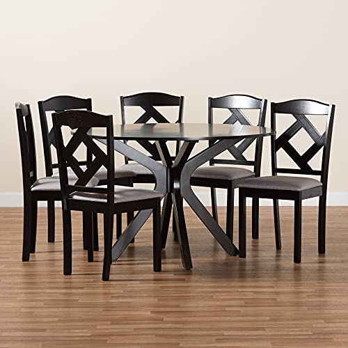 Modern Transitional Grey Fabric Upholstered and Dark Brown Finished Wood 7-Piece