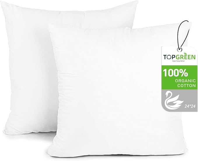 Feathers Down Throw Pillow Inserts 24x24, Set of 2, 100% Organic Cotton Shell