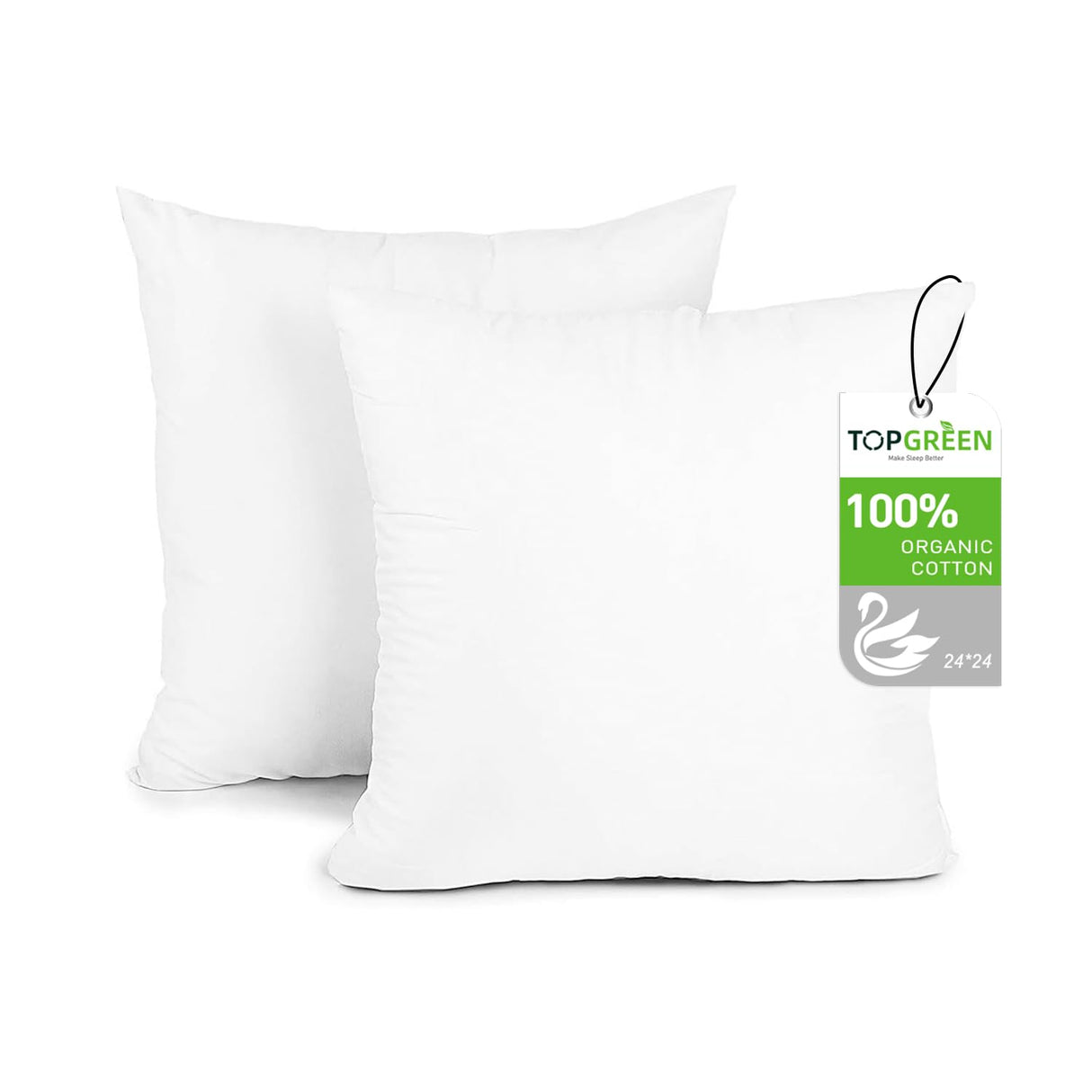 Feathers Down Throw Pillow Inserts 24x24, Set of 2, 100% Organic Cotton Shell
