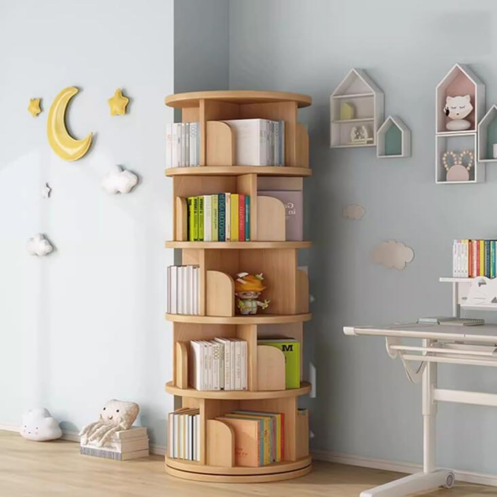 Rotating Bookshelf Tower, 360 Display 5-Tier Bookcase for Small Space, Round Storage Rack