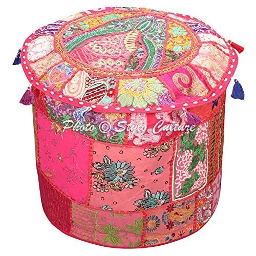 Pouffe Ottoman Cover Round Patchwork Embroidered Pouf Pink Cotton Floral Traditional