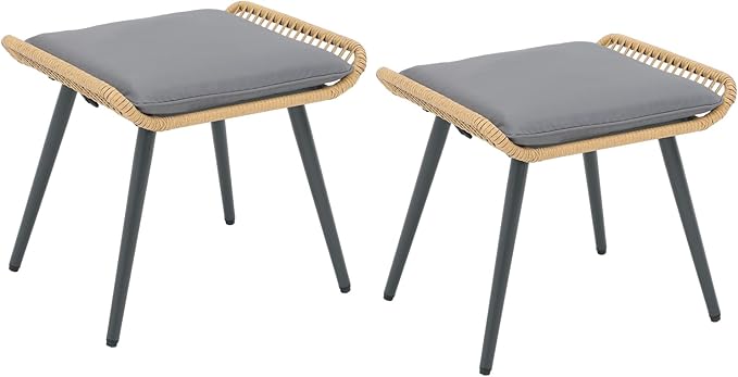 Outdoor Wicker Ottoman Set of 2, Patio Rattan Ottomans with Seat Cushions