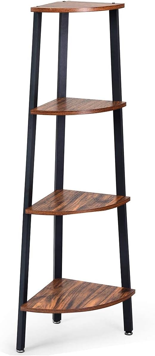 Giantex 4-Tier Corner Shelf Industrial Multipurpose Bookcase, Home or Office Storage Rack, Wood Plant Stand with Metal Frame (Rustic Brown)