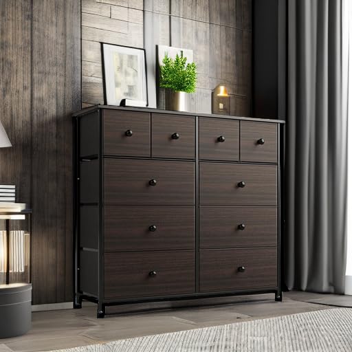 Bedroom with 10 Drawers, Wide Black Dresser with Wood Top