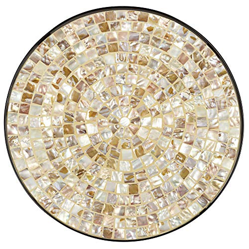 Teal Island Designs Mother of Pearl Modern Black Metal Round Outdoor Accent Side Table 14" Wide Natural Mosaic Tile Tabletop Gracefully Curved Legs for Spaces Porch Patio Home House Balcony Deck - Bircata