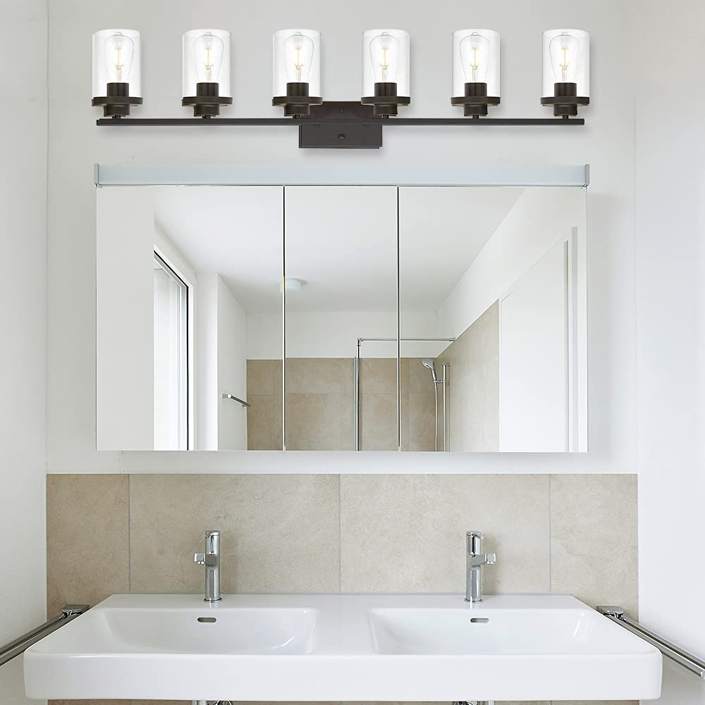 Farmhouse Vanity Lighting Fixtures Oil Rubbed Bronze 6 Light with Glass Shade Bathroom Light