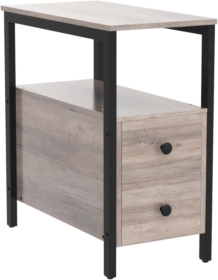 End Table Set of 2, Side Table with 2 Drawer and Open Shelf, Narrow Nightstand