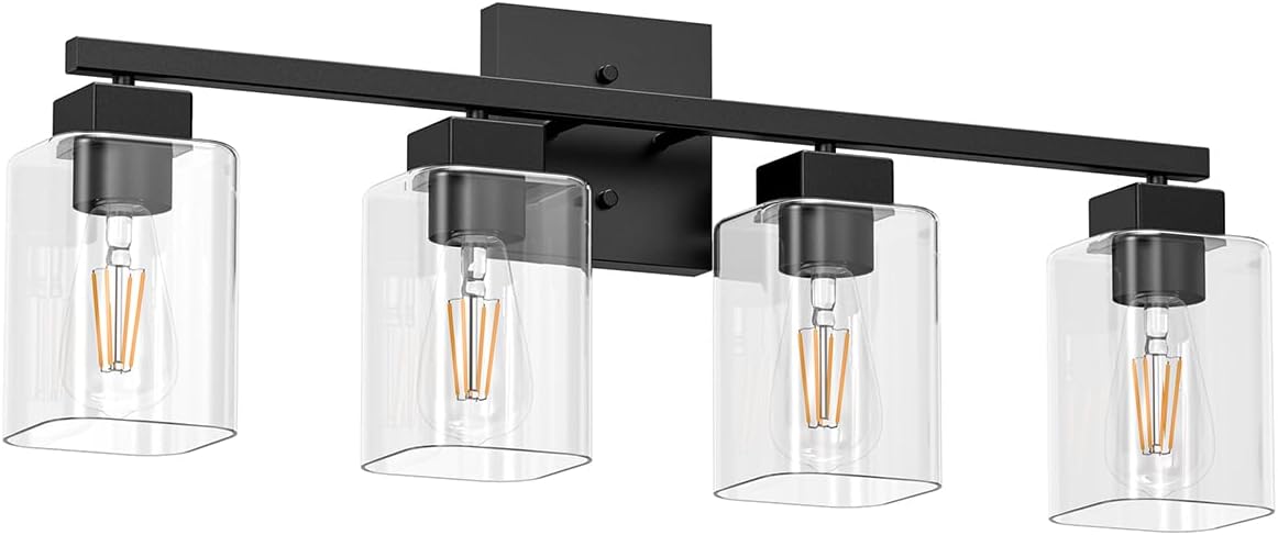 4 Light Matte Black Bathroom Light Fixture - Bathroom Vanity Light Square Design