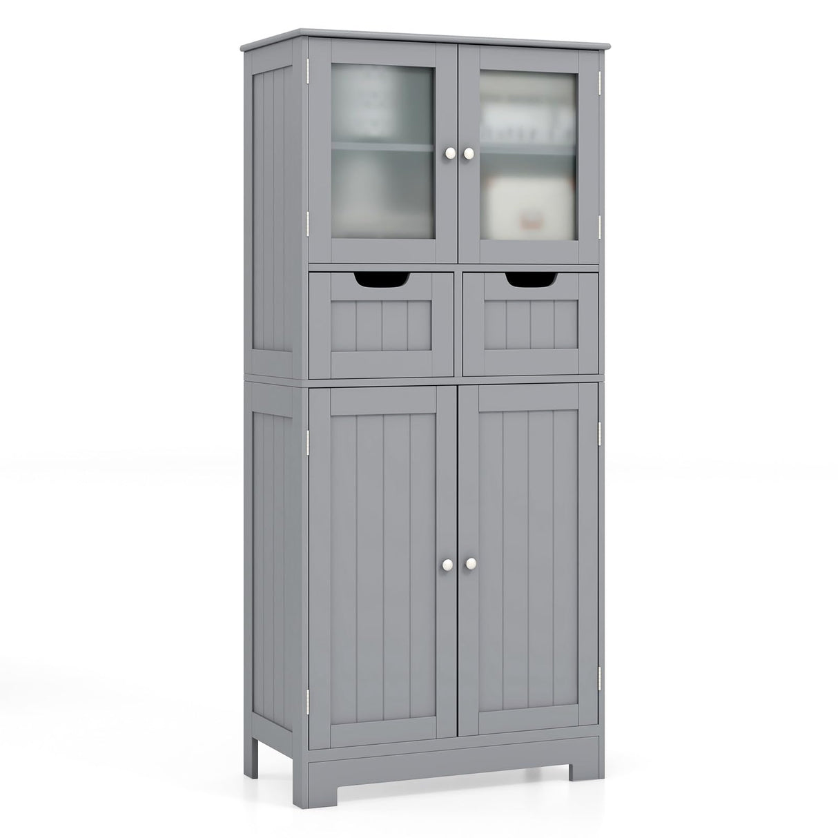 Bathroom Floor Storage Cabinet - Freestanding Cabinet with 2 Glass Doors, 2 Drawers