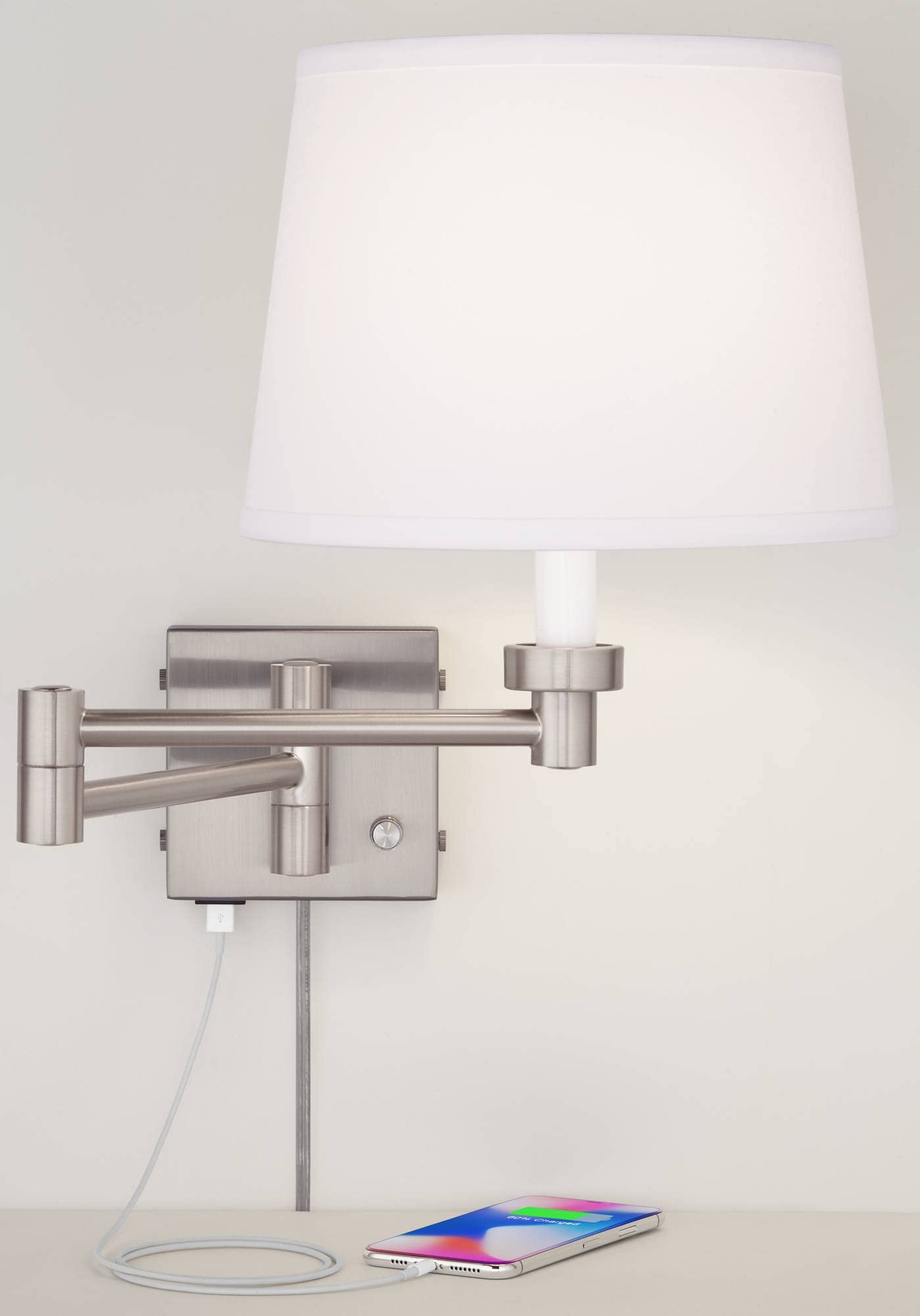 Vero Modern Swing Arm Wall Lamp with USB Charging Port Brushed Nickel Plug-in Light