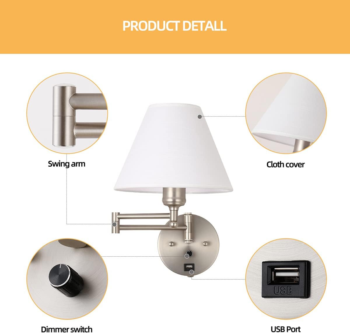 Swing Arm Wall Sconces, Plug-in Wall lamp,Bedroom Wall lamp , White Fabric Shade,,with dimmable Switch and USB Charging Port, Suitable for Bedside, Living Room, Reading (Nickel)