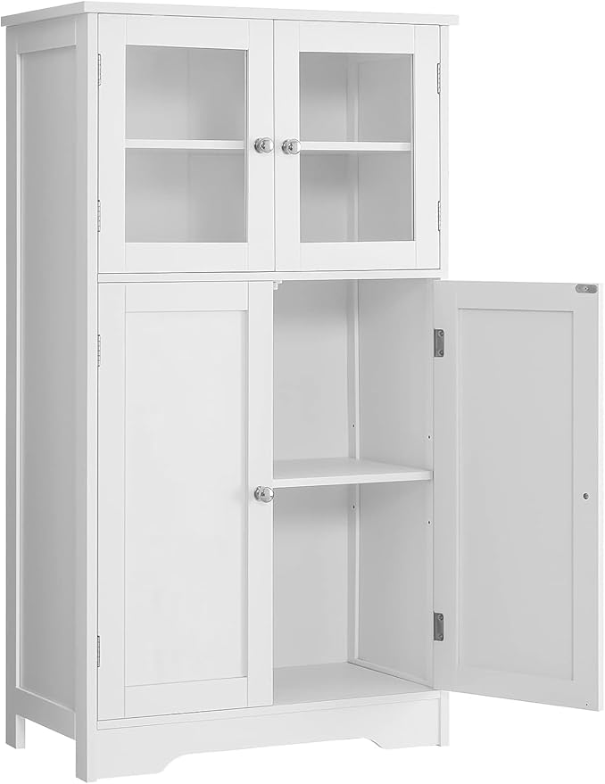 Cabinet, Storage Cabinet with 2 Adjustable Shelves, Bathroom Floor Cabinet with 4 Doors,