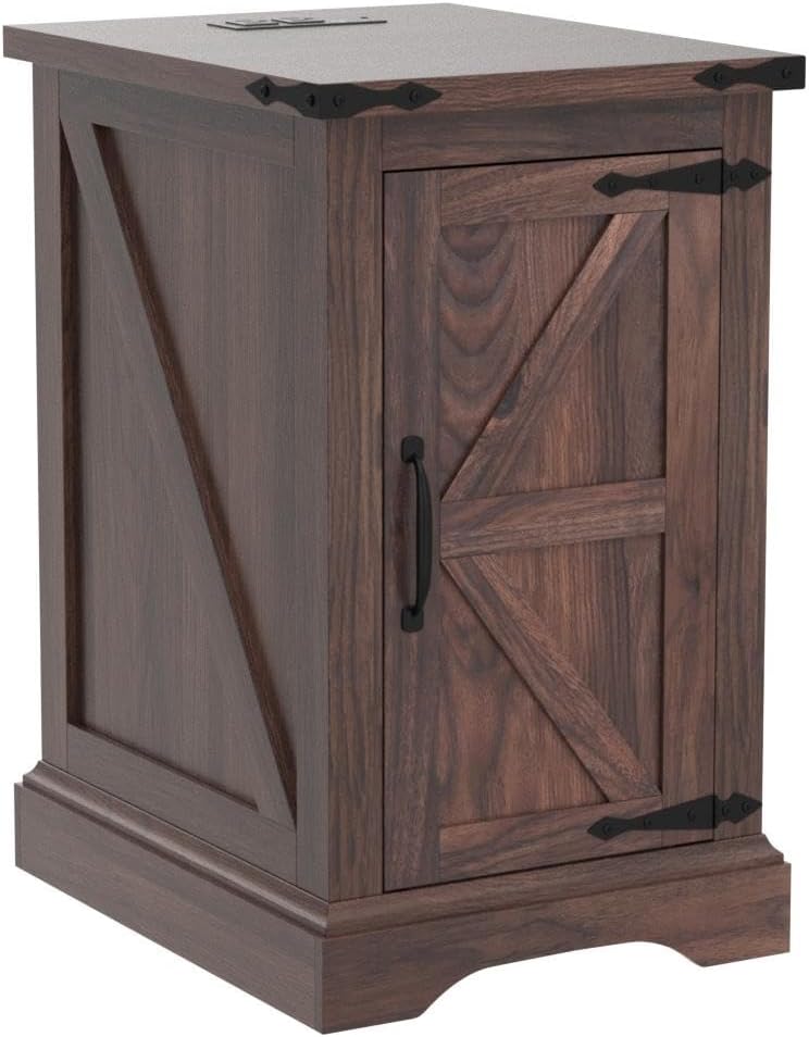 Nightstand with Charging Station, Rectangular Farmhouse End Table with Barn Door