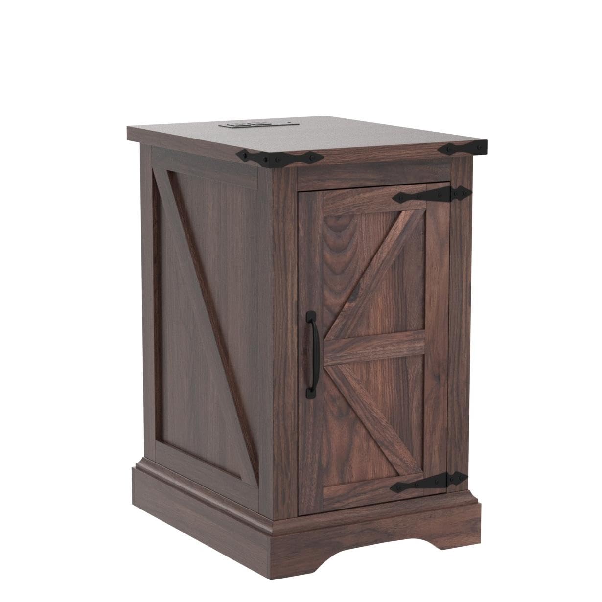 Nightstand with Charging Station, Rectangular Farmhouse End Table with Barn Door