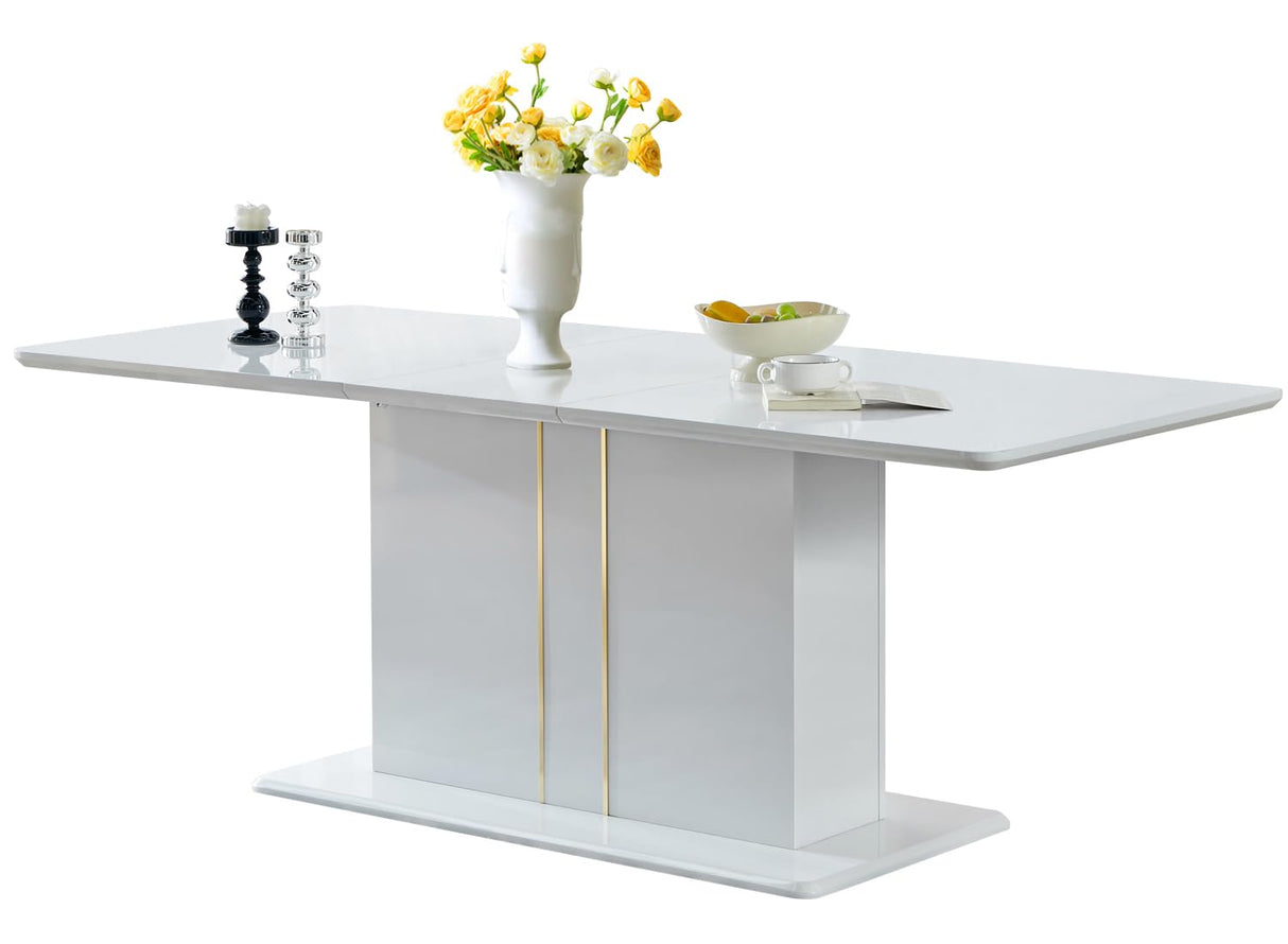 Extendable White Gloss Dining Table - 63 to 80.7 Inch Rectangular Table for 6-10 People
