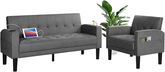 62" Loveseat Couches Upholstered Fabric Linen Love Seat Sofas Couch with 2 USB