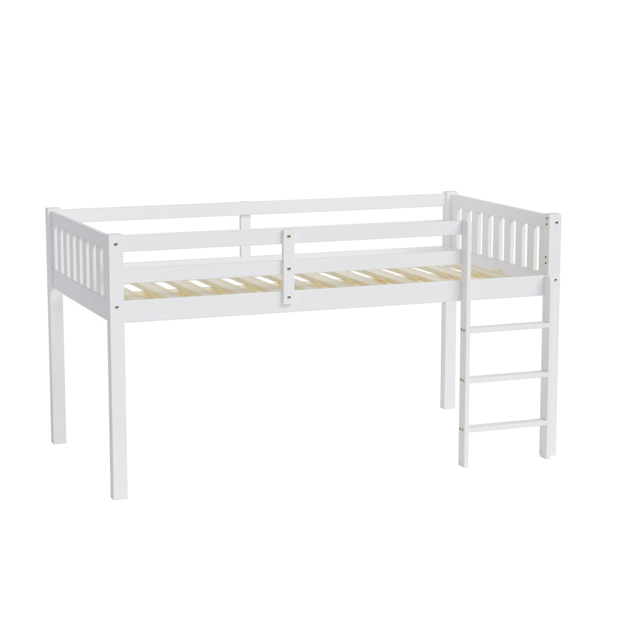 Bed Low Loft Bed Frame for Little Kids Small Room/Low Ceiling Bedrrom with Guardrail and Ladder, White