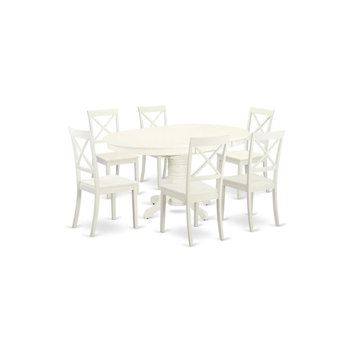 Dining Set with a Kitchen Table and 6 Wood Seat Kitchen Chairs in Linen White, Modern