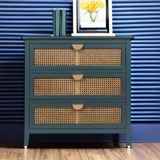 Rustic Nightstand Bedside Table with 3 Mesh Rattan Drawers, Entryway Chest of Drawers