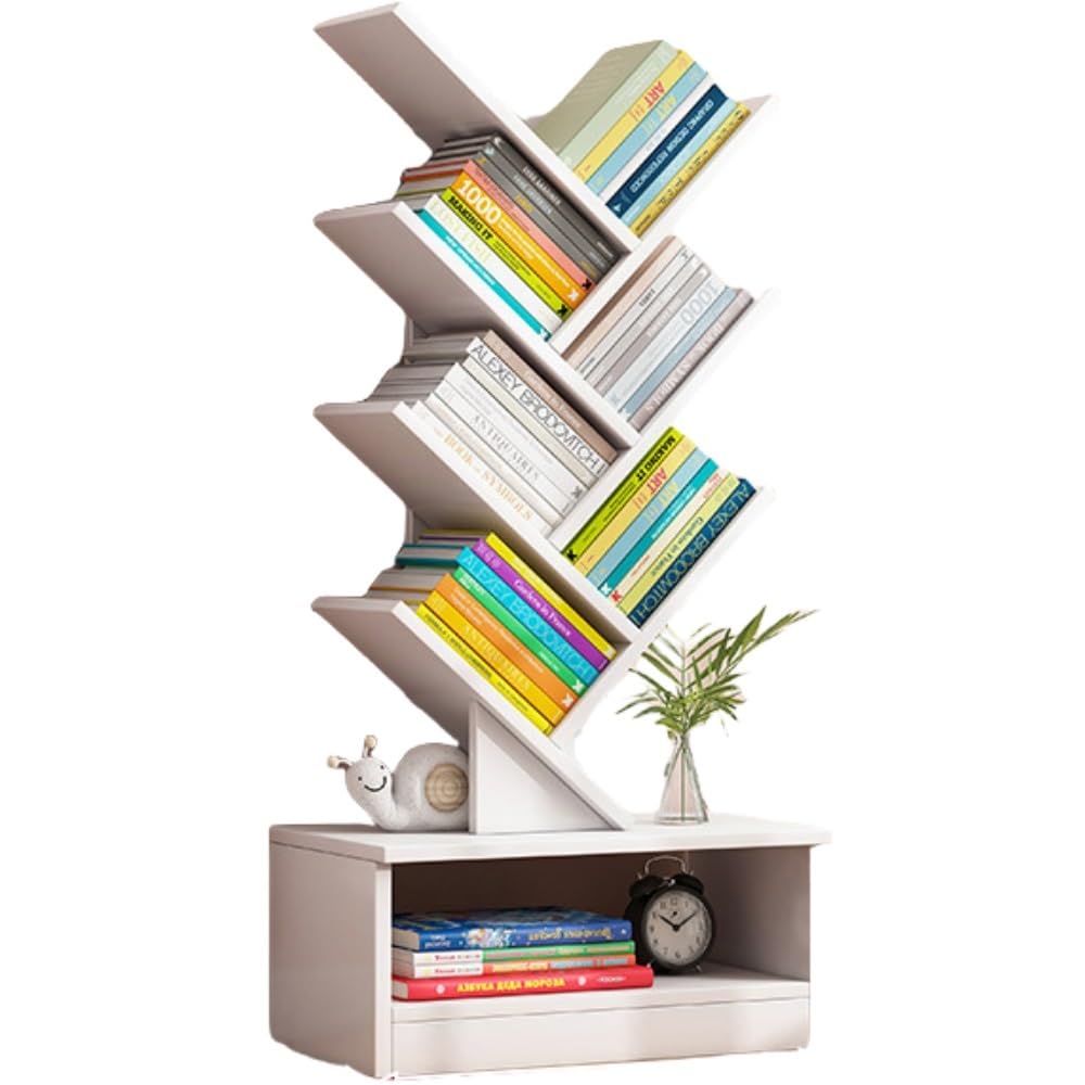 Tree-Shaped Bookshelf, Floor-Standing Bookcase, Book Storage Rack,Modern Tall Narrow Bookshelves Organizer,Can Store CD,Files,Books, Suitable for Bedroom, Living Room, Office(Blue,Small)