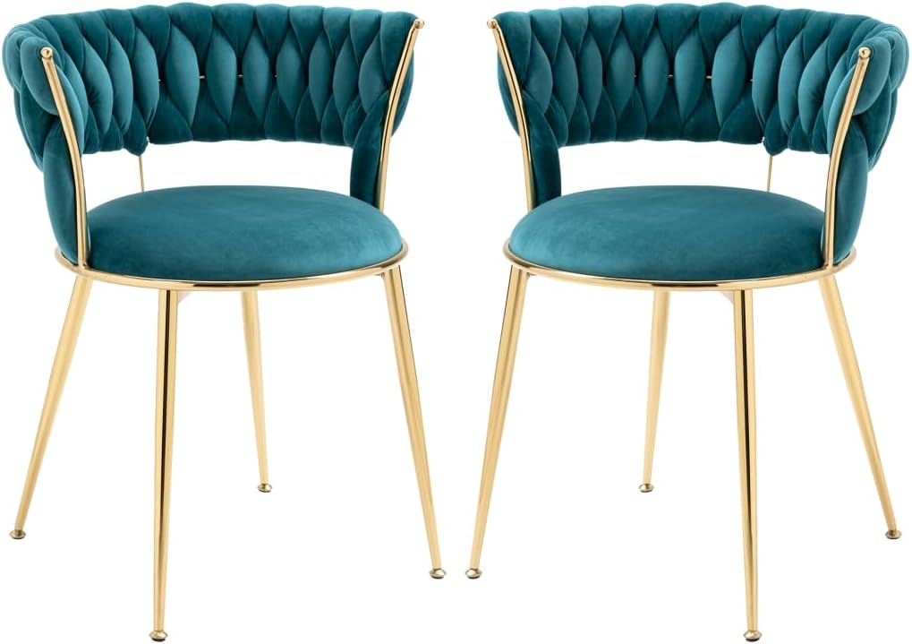 Dining Chair Set of 2, Velvet Woven Upholstered Dining Chair with Gold Metal Legs,