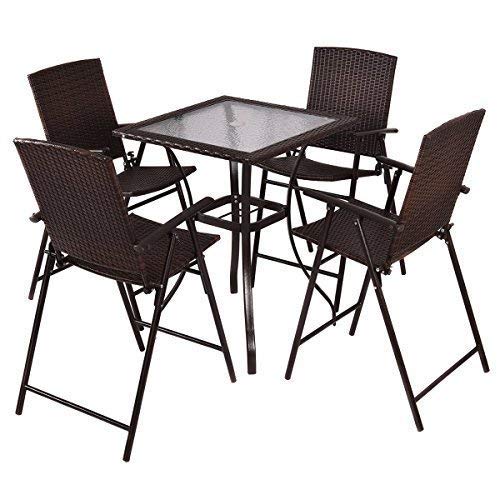 5 Pieces Patio Dining Set, 4 Folding Wicker Sling Chairs and Square Glass Top Table Set
